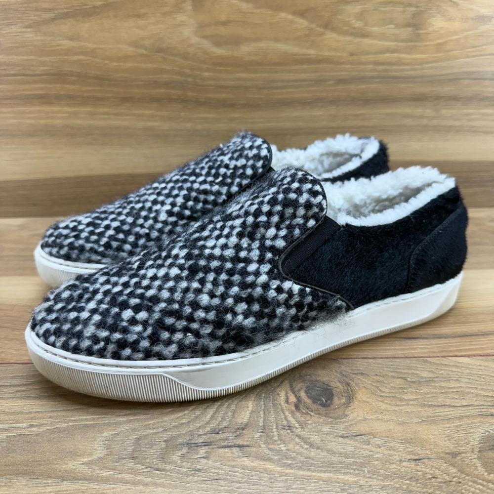 MONCLER Tweed Woven Slip On Sneaker Womens 7 EU 37 Cream Black Sherpa
